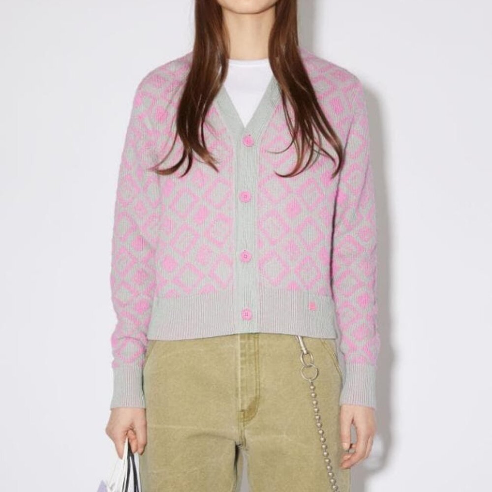 Acne Studios Bubble Pink & Spring Green Face Tiles Wool-Blend Cardigan